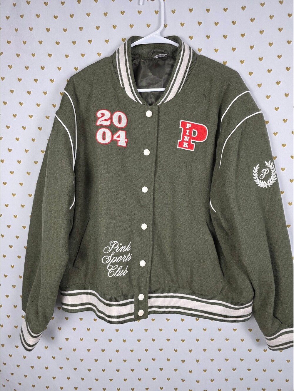 Victoria's Secret PINK Varsity Bomber Jacket 2004 Sports Club Olive XL Rare